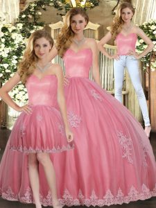 Watermelon Red Sleeveless Tulle Lace Up Vestidos de Quinceanera for Military Ball and Sweet 16 and Quinceanera