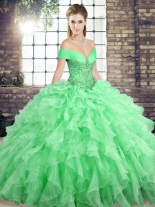 Fabulous Sleeveless Organza Brush Train Lace Up Quinceanera Dress in Apple Green with Beading and Ruffles