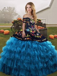 Customized Blue And Black Ball Gowns Organza Off The Shoulder Sleeveless Embroidery and Ruffled Layers Floor Length Lace Up Sweet 16 Dress