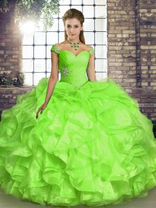 Yellow Green Sweet 16 Dress Military Ball and Sweet 16 and Quinceanera with Beading and Ruffles Off The Shoulder Sleeveless Lace Up