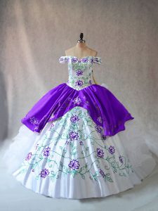 Beauteous White And Purple Ball Gowns Organza Off The Shoulder Sleeveless Embroidery and Ruffles Floor Length Lace Up Ball Gown Prom Dress