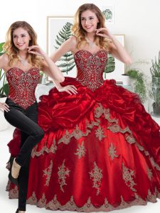 Luxurious Organza Sweetheart Sleeveless Lace Up Beading and Appliques and Pick Ups Sweet 16 Dress in Wine Red