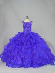 Blue Organza Lace Up Scoop Sleeveless Sweet 16 Quinceanera Dress Brush Train Beading and Ruffles