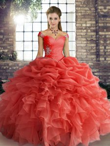 Orange Red Off The Shoulder Lace Up Beading and Ruffles and Pick Ups Quinceanera Gown Sleeveless