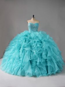 Aqua Blue Sweetheart Neckline Beading and Ruffles Quinceanera Gowns Sleeveless Lace Up