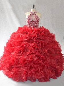 Beading and Ruffles Vestidos de Quinceanera Red Lace Up Sleeveless Brush Train