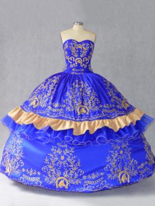 Royal Blue Satin and Organza Lace Up 15 Quinceanera Dress Sleeveless Floor Length Embroidery and Bowknot
