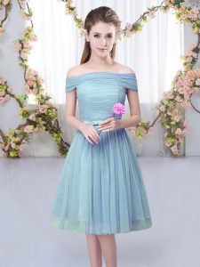Spectacular Off The Shoulder Short Sleeves Lace Up Quinceanera Court of Honor Dress Blue Tulle