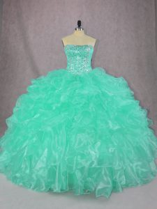 Low Price Organza Strapless Sleeveless Lace Up Beading and Ruffles Quinceanera Dresses in Turquoise