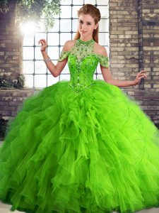 Green Lace Up Ball Gown Prom Dress Beading and Ruffles Sleeveless Floor Length