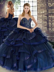 Floor Length Lace Up Ball Gown Prom Dress Navy Blue for Military Ball and Sweet 16 and Quinceanera with Beading and Ruffles
