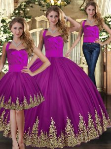 Beauteous Sleeveless Floor Length Embroidery Lace Up Sweet 16 Dress with Fuchsia