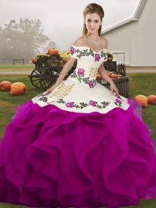 New Style Embroidery and Ruffles Quinceanera Dresses White And Purple Lace Up Sleeveless Floor Length