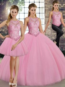 Exquisite Pink Three Pieces Tulle Scoop Sleeveless Embroidery Floor Length Lace Up Quinceanera Dresses