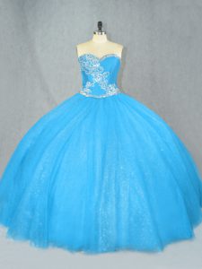 Sexy Blue Lace Up Quinceanera Gowns Beading Sleeveless Floor Length