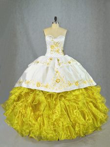 Yellow Sweet 16 Quinceanera Dress Satin and Organza Brush Train Sleeveless Beading and Embroidery and Ruffles