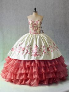 Ball Gowns Ball Gown Prom Dress White And Red Sweetheart Satin and Organza Sleeveless Floor Length Lace Up