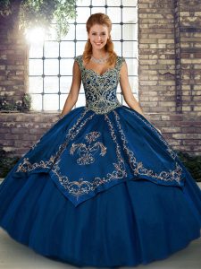 Hot Selling Blue Ball Gowns Tulle Straps Sleeveless Beading and Embroidery Floor Length Lace Up Quince Ball Gowns