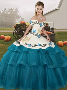 Off The Shoulder Sleeveless 15th Birthday Dress Brush Train Embroidery and Ruffled Layers Teal Tulle