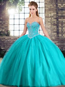 Aqua Blue Ball Gowns Sweetheart Sleeveless Tulle Brush Train Lace Up Beading Quinceanera Dresses
