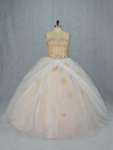 Shining Champagne Ball Gowns Beading and Appliques Quince Ball Gowns Lace Up Tulle Sleeveless