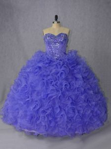 Sweetheart Sleeveless Quince Ball Gowns Brush Train Beading Lavender and Purple Organza
