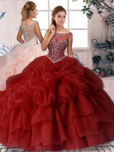Wine Red Ball Gowns Organza Scoop Sleeveless Beading and Pick Ups Zipper Sweet 16 Quinceanera Dress Brush Train