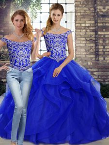 Latest Royal Blue Lace Up Quince Ball Gowns Beading and Ruffles Sleeveless Brush Train