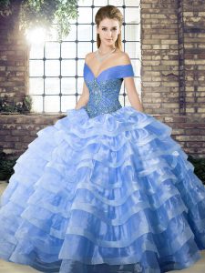 Beauteous Off The Shoulder Sleeveless Brush Train Lace Up Quinceanera Dresses Blue Organza