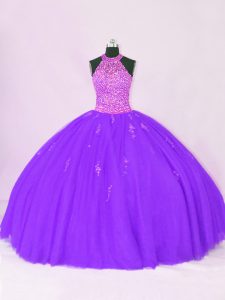 Beauteous Floor Length Purple Quinceanera Dress Halter Top Sleeveless Lace Up