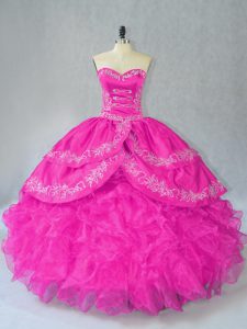 Glittering Fuchsia Sweet 16 Dress Sweet 16 and Quinceanera with Embroidery and Ruffles Sweetheart Sleeveless Lace Up