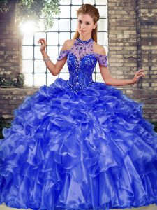 Top Selling Blue Ball Gowns Organza Halter Top Sleeveless Beading and Ruffles Floor Length Lace Up 15 Quinceanera Dress