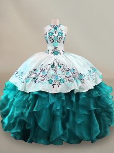 Ball Gowns Ball Gown Prom Dress Teal Halter Top Organza Sleeveless Floor Length Lace Up