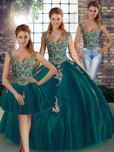 Affordable Peacock Green Tulle Lace Up Straps Sleeveless Floor Length 15th Birthday Dress Beading and Appliques
