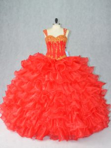 Organza Straps Sleeveless Lace Up Beading and Ruffles Sweet 16 Dress in Red