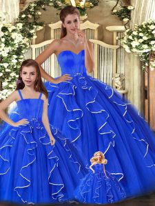 Sweetheart Sleeveless Quinceanera Dress Floor Length Beading and Ruffles Blue Tulle