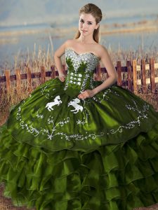 Hot Selling Satin Sweetheart Sleeveless Lace Up Embroidery and Ruffles Quinceanera Gown in Olive Green