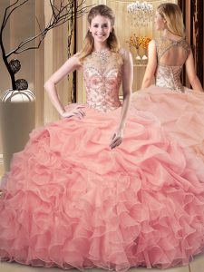Floor Length Peach Ball Gown Prom Dress Scoop Sleeveless Lace Up