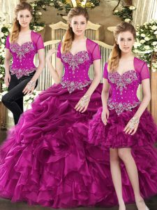 Edgy Sleeveless Floor Length Beading and Ruffles and Pick Ups Lace Up Quince Ball Gowns with Fuchsia