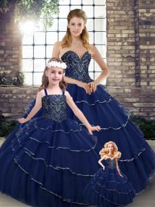 Lovely Navy Blue Tulle Lace Up Quinceanera Dress Sleeveless Brush Train Beading and Ruffled Layers