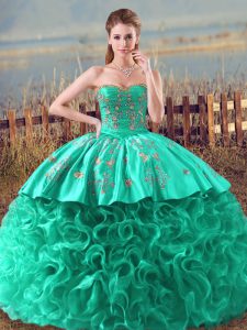 Modest Turquoise Ball Gowns Fabric With Rolling Flowers Sweetheart Sleeveless Embroidery and Ruffles Lace Up Quinceanera Dress Brush Train