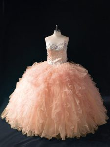 Peach Tulle Lace Up Sweetheart Sleeveless Floor Length Sweet 16 Quinceanera Dress Beading and Ruffles