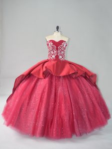 Wine Red Ball Gowns Satin and Tulle Sweetheart Sleeveless Appliques Lace Up Quinceanera Dress Court Train