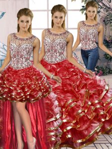 Luxurious Red Sleeveless Organza Lace Up Sweet 16 Quinceanera Dress for Military Ball and Sweet 16 and Quinceanera