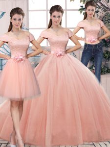 Glorious Floor Length Pink Vestidos de Quinceanera Off The Shoulder Short Sleeves Lace Up