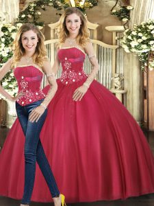 Red Ball Gowns Strapless Sleeveless Tulle Floor Length Lace Up Beading Sweet 16 Dress