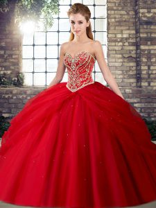 Edgy Sleeveless Beading and Pick Ups Lace Up Sweet 16 Dresses with Red Brush Train