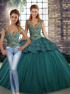 Pretty Sleeveless Floor Length Beading and Appliques Lace Up Quince Ball Gowns with Green