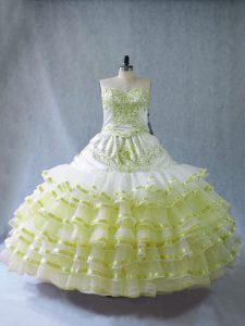 Spectacular Yellow Green Ball Gowns Organza Sweetheart Sleeveless Embroidery and Ruffled Layers Floor Length Quinceanera Gowns