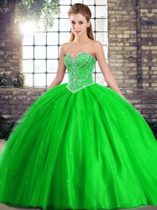 Shining Green Lace Up Sweetheart Beading Quinceanera Dresses Tulle Sleeveless Brush Train